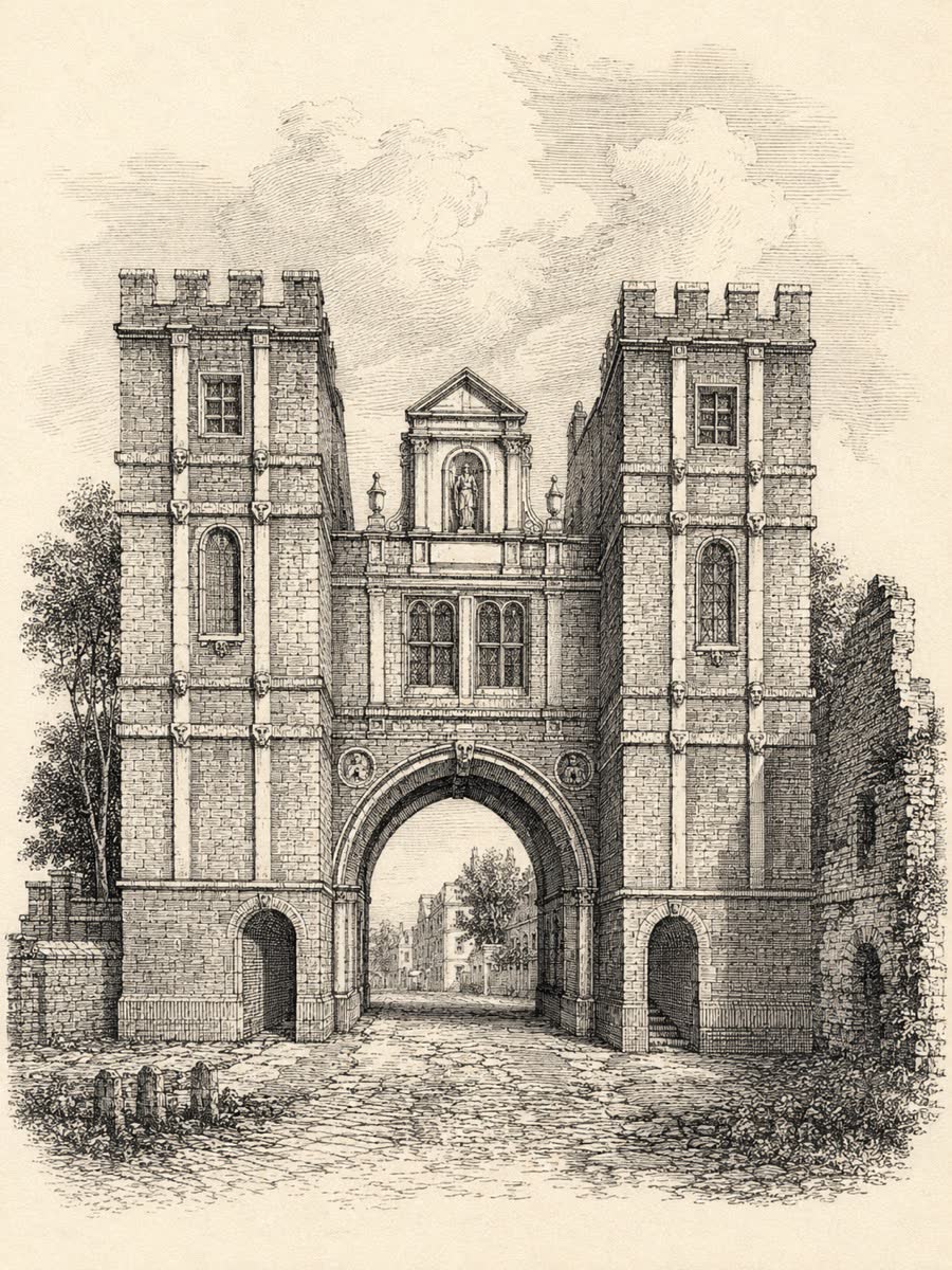 Engraving of Aldgate, the historic eastern gate of the City of London