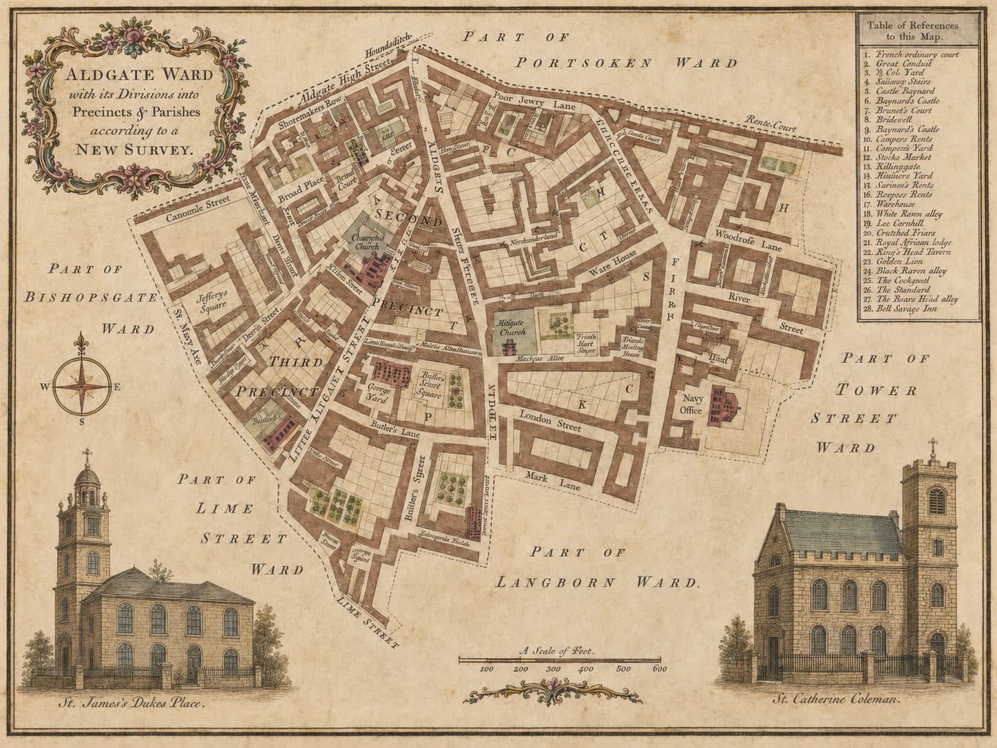 Illustrated map of Aldgate Ward in the City of London, divided into precincts and parishes